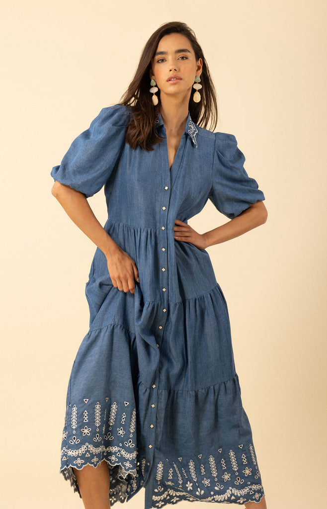 Martha Embroidered Chambray Maxi Dress
