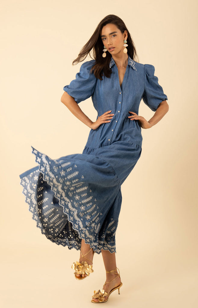 Martha Embroidered Chambray Maxi Dress