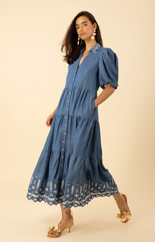 Martha Embroidered Chambray Maxi Dress